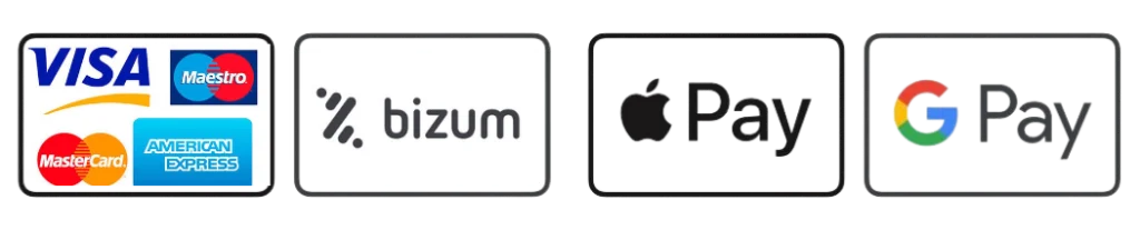 Métodos de pago: Visa, Mastercard, Maestro, American Express, Bizum, Apple Pay y Google Pay