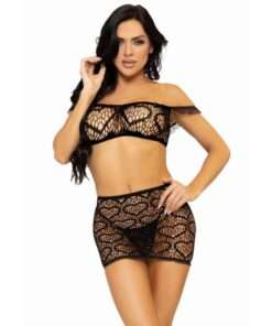 LEG AVENUE - SET TRES PIEZAS TOP, MINI FALDA Y TANGA TALLA UNICA - NEGRO