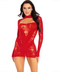 LEG AVENUE - MINI VESTIDO DE ENCAJE CON MANGA LARGA ROJO