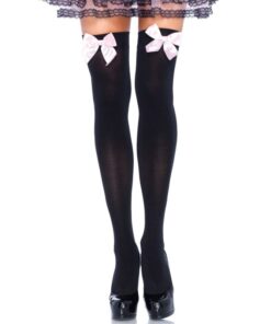 LEG AVENUE - MEDIAS ALTAS NEGRAS CON LACITO ROSA TALLA UNICA