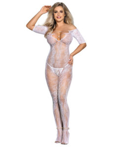 SUBBLIME - 951818 BODYSTOCKING CROTCHLESS DE REJILLA CON PATRÓN DE ROSAS BLANCA TALLA ÚNICA