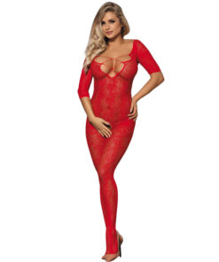 SUBBLIME - 951825 BODYSTOCKING CROTCHLESS DE REJILLA CON PATRÓN DE ROSAS ROJO TALLA ÚNICA