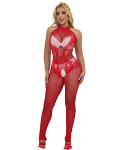 SUBBLIME - 952372 BODYSTOCKING CROTCHLESS DE REJILLA Y ENCAJE CON CUELLO ALTO ROJO TALLA ÚNICA