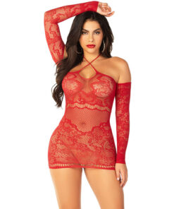 LEG AVENUE - MINIVESTIDO DE REJILLA CON HOMBROS DESCUBIERTOS Y MANGA LARGA ROJO