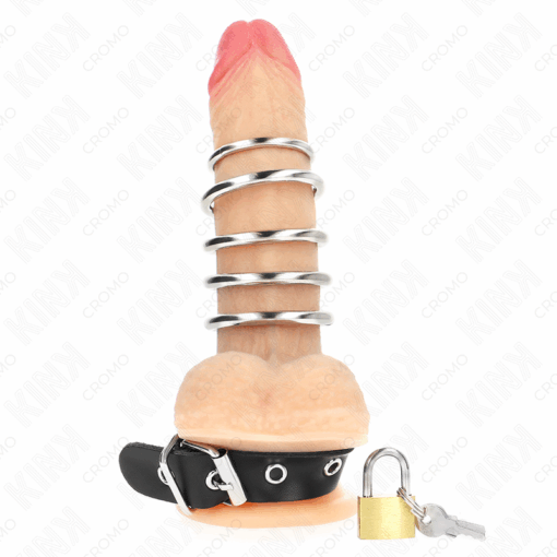 KINK - ANILLO PENE CUERO CORREA CON CERRADURA 21 X 2 CM Y 5 ANILLOS METAL DE 3 CM A 4 CM - Imagen 2