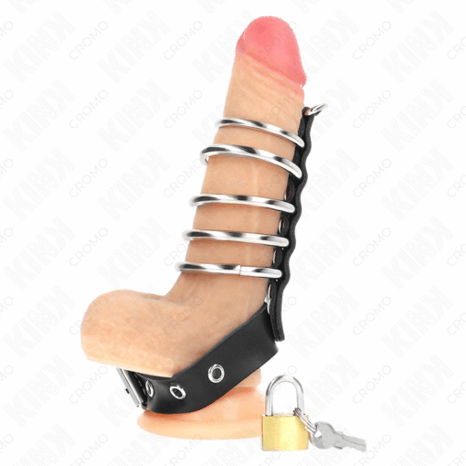 KINK - ANILLO PENE CUERO CORREA CON CERRADURA 21 X 2 CM Y 5 ANILLOS METAL DE 3 CM A 4 CM - Imagen 3