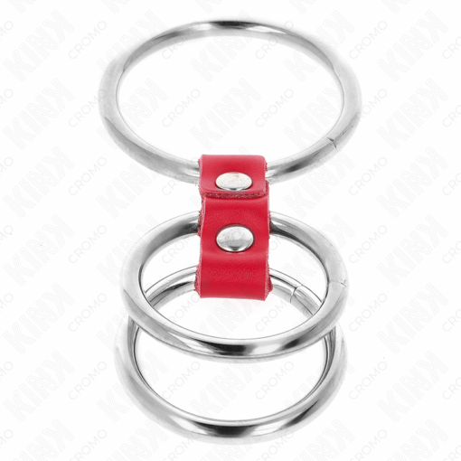 KINK - ANILLO PENE TRIPLE METAL 3.7 CM A 5 CM CONECTADOS CON CUERO ROJO - Imagen 4