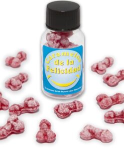 DIABLO PICANTE - BOTE 12 CARAMELOS DE LA FELICIDAD FORMA PENE FRESA/CEREZA