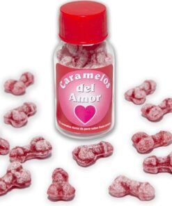 DIABLO PICANTE - 12 CARAMELOS DEL AMOR FORMA PENE FRESA/CEREZA