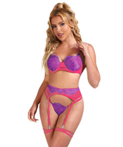 SUBBLIME - 955366 SET SUJETADOR CON ENCAJE Y LIGUEROS ROSA Y MORADO L/XL