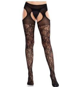 LEG AVENUE - MEDIAS DE ENCAJE FLORAL CON LIGAS UNIDAS NEGRO