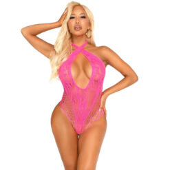 LEG AVENUE - BODY CRUZADO AL CUELLO DE ENCAJE ROSA TALLA ÚNICA